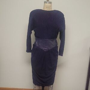 Vakko Vintage Leather And Suade Deep Blue Long Sleeve Dress, Size 4